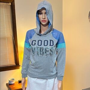 Gray and Blue 'Good Vibes' Hoodie XL